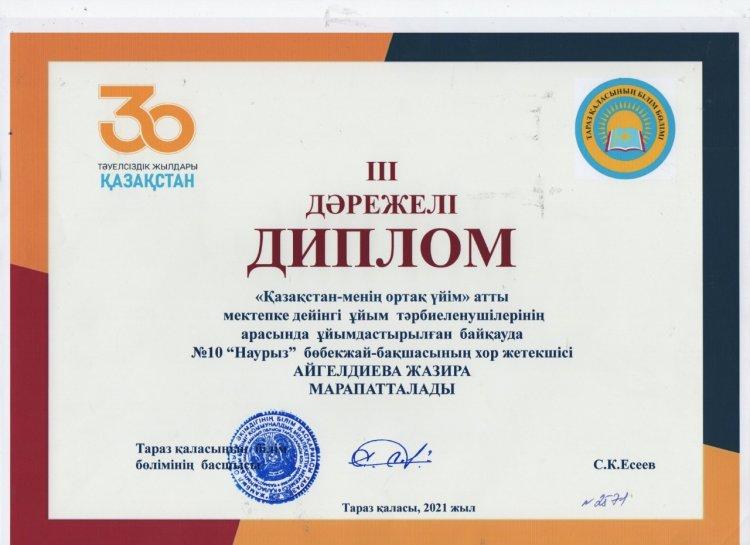 Қалалық "Қазақстан - менің ортақ үйім" атты мектепке дейінгі ұйым тәрбиеленушілерінің арасындағы байқау жеңімпазы
