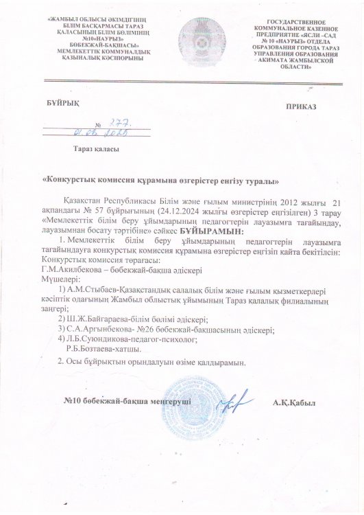 Конкурстық комиссия құрамына өзгерістер енгізу туралы